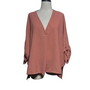 Entro 3/4 Roll Tab Sleeve Oversized Rose Pink Low plunging Blouse Size Small